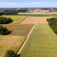 Aerial View of landscape with agricultural fields. Drone shot. harvested fields