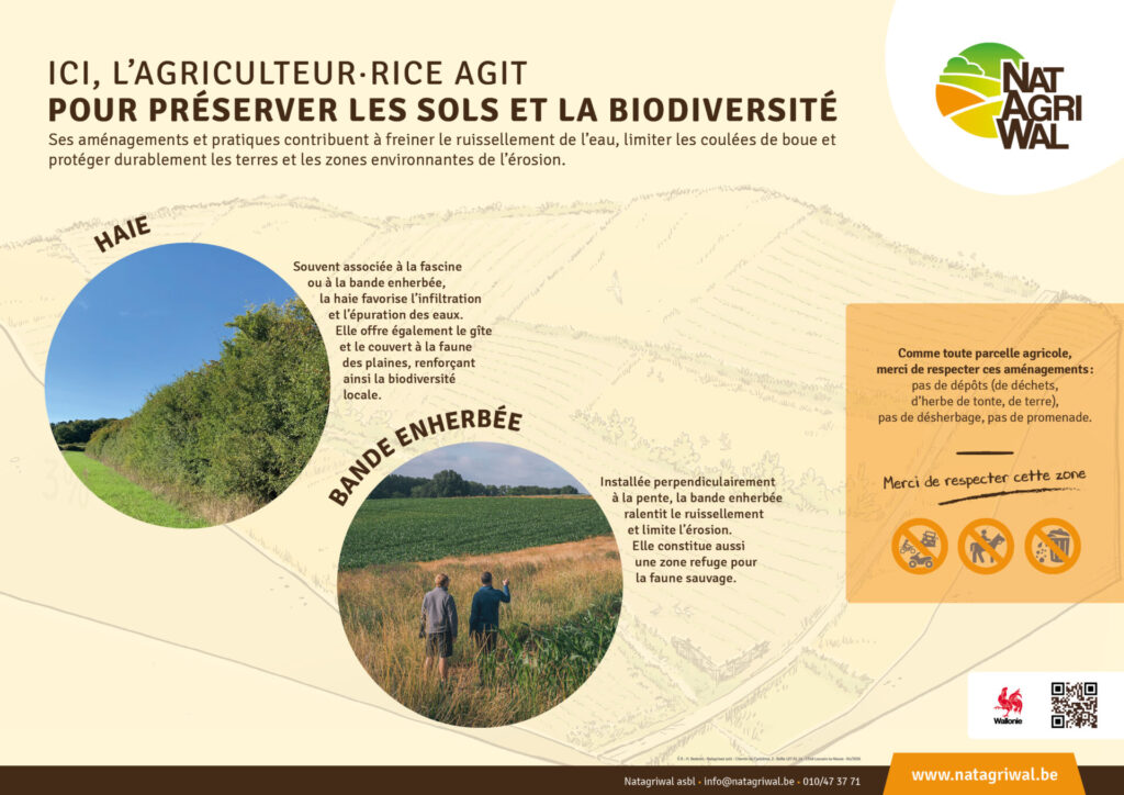 Panneau « Ici, l’agriculteur·rice agit – Haie et bande enherbée »